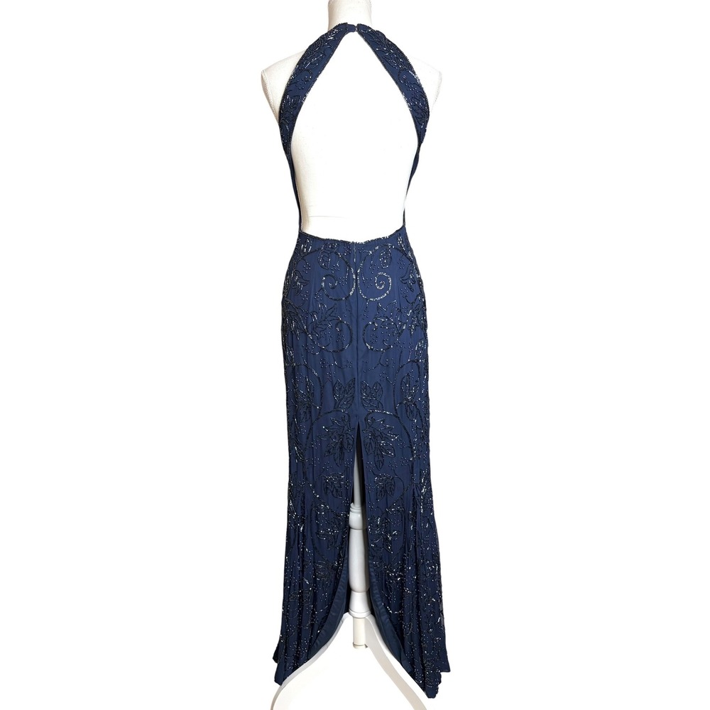 Vintage 90s Y2K Beaded Silk Evening Gown S/M Navy Formal Whimsigoth Dress - Picture 3 of 8